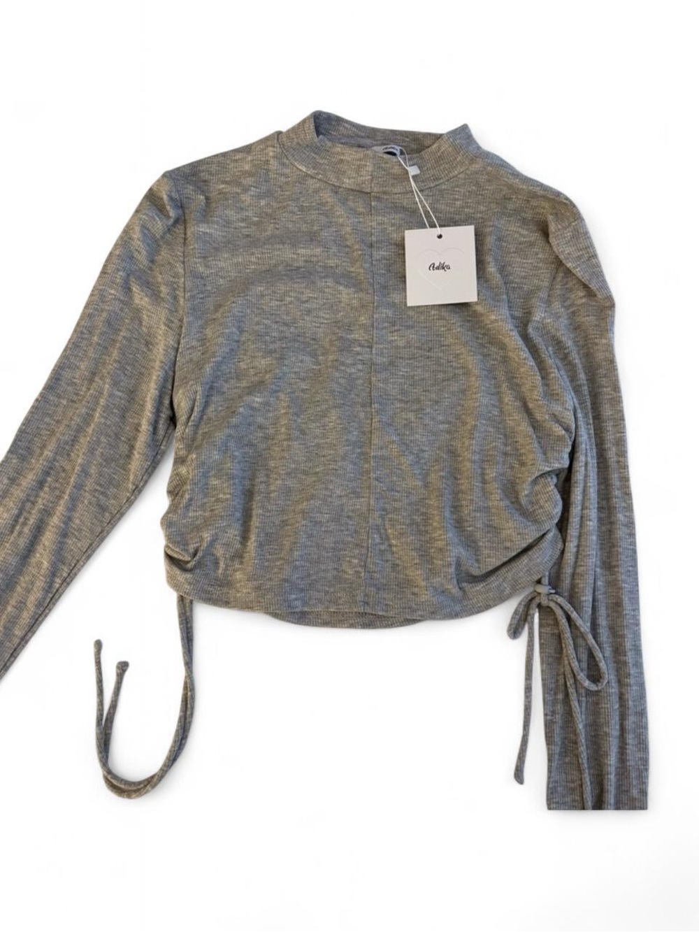 Adika Grey Ribbed Long-Sleeve Drawstring Top